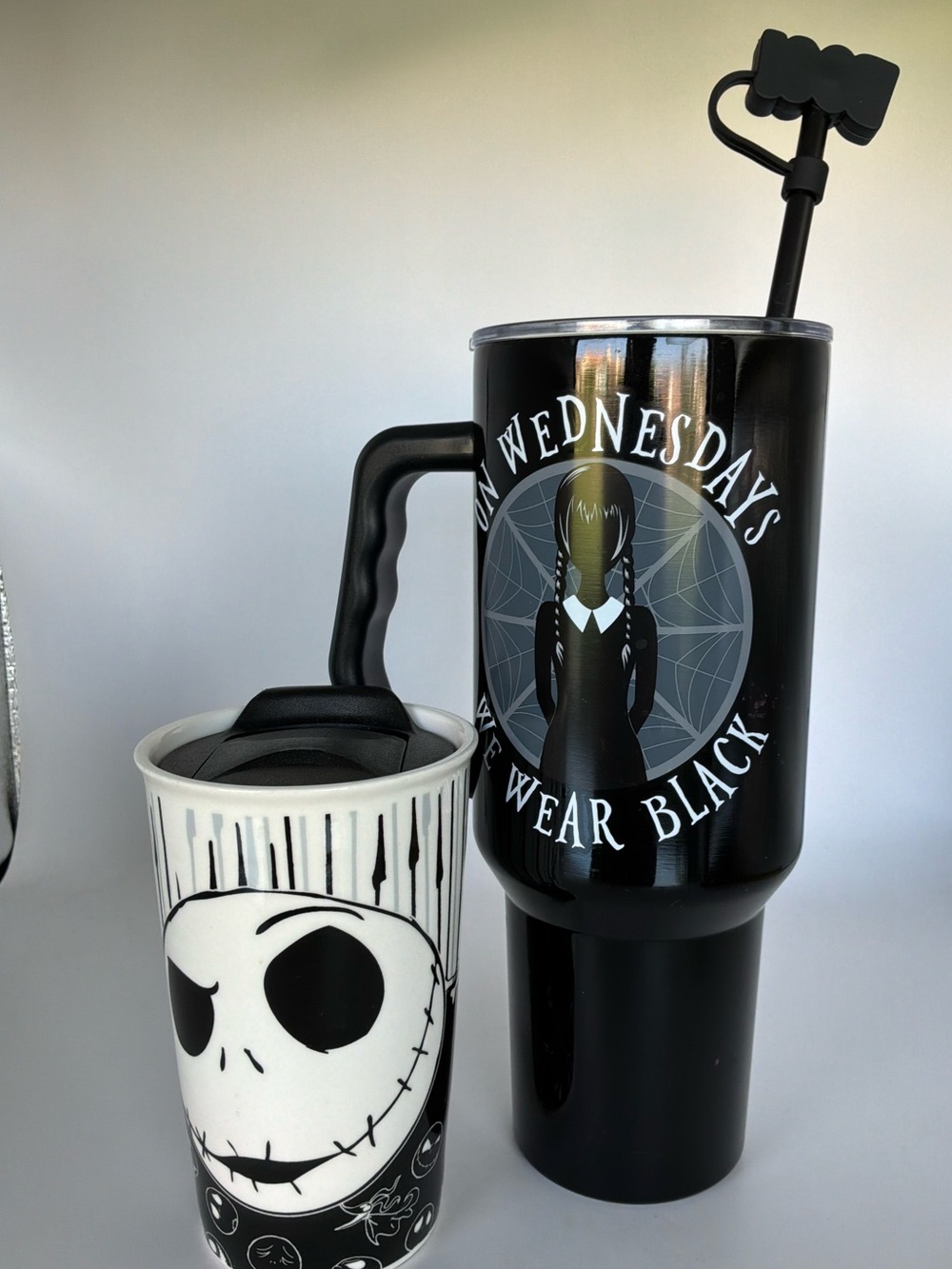 Wednesday-Themed Black Travel Tumbler and Skull Ceramic Mug Set